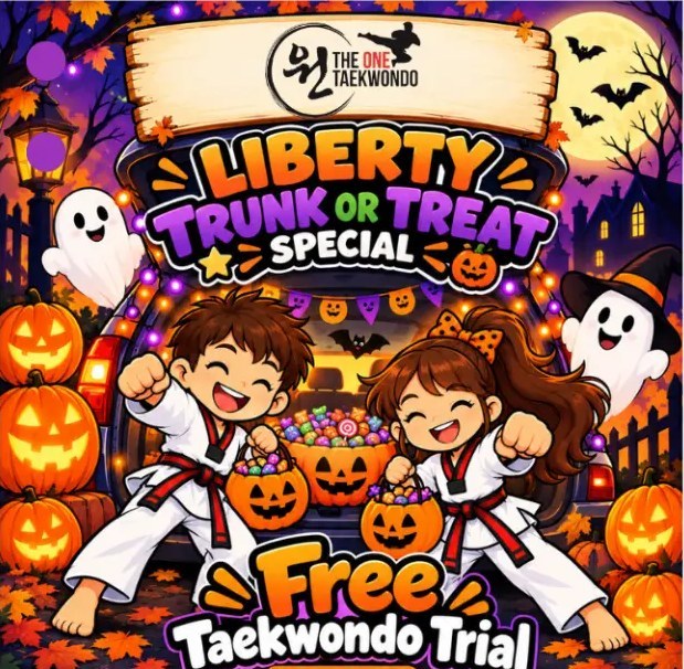 Liberty Trunk or Treat Special flyer art: taekwondo kids with jack-o'-lanterns